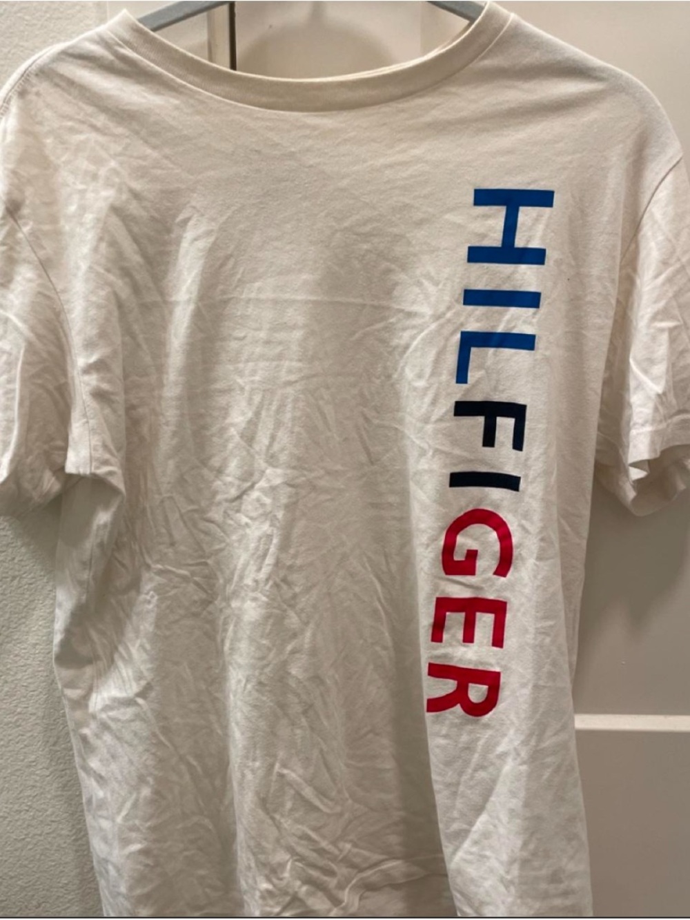 Tommy Hilfiger White Tee with Vertical Red & Blue Logo
